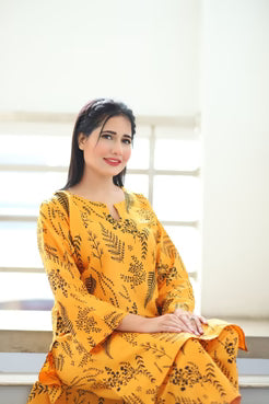 FLORA LEAF PRINT 2PCS STITCHED Yellow