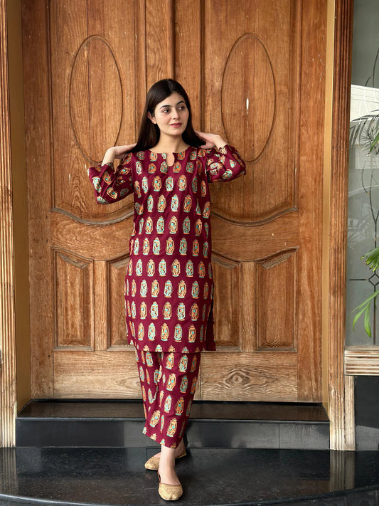 LAL - TIAN PRINTED 2PCS STITCHED Maroon
