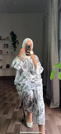 FLORA LEAF PRINT 2PCS STITCHED white