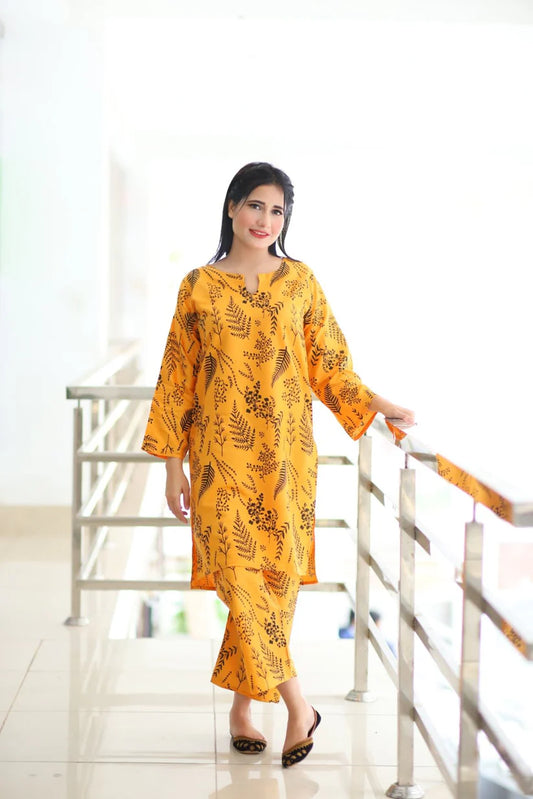 FLORA LEAF PRINT 2PCS STITCHED Yellow