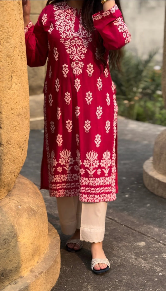 FOXY Embossed Chicken Kari Kurti Pink