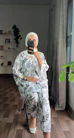 FLORA LEAF PRINT 2PCS STITCHED white